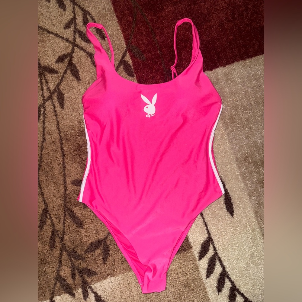 Playboy Hot Pink One-Piece Swimsuit w/ White Piping- NWT